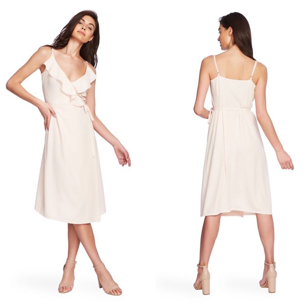 1. State Spaghetti Strap Flounce Wrap Dress